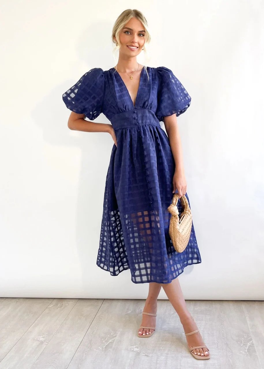 🔥 Square Patterned Fabric Puff Sleeve Midi Dress