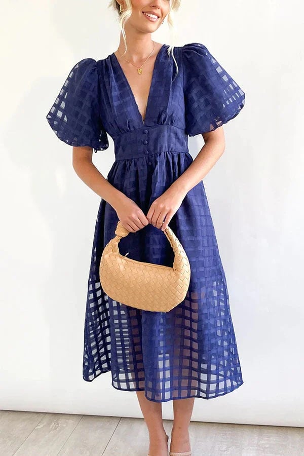 🔥 Square Patterned Fabric Puff Sleeve Midi Dress