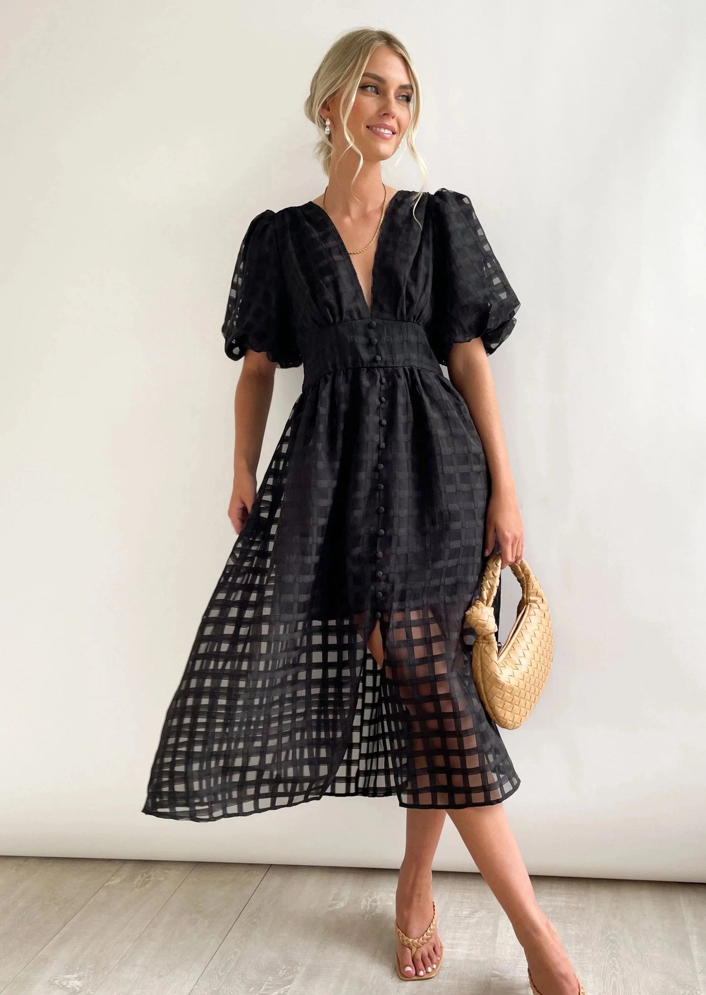 🔥 Square Patterned Fabric Puff Sleeve Midi Dress