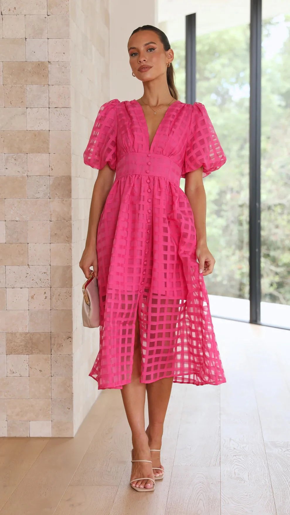 🔥 Square Patterned Fabric Puff Sleeve Midi Dress