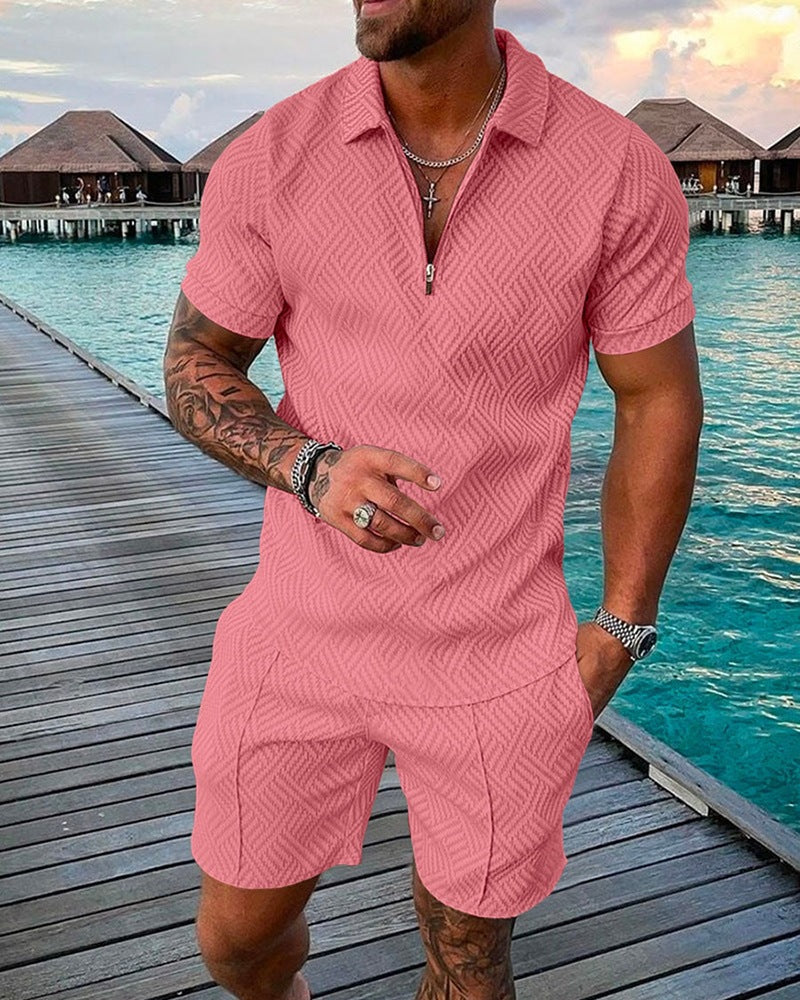 2023 New Men's Fashion Casual Suit Zipper Short Sleeve Polo Shirt Shorts 2 Piece Set