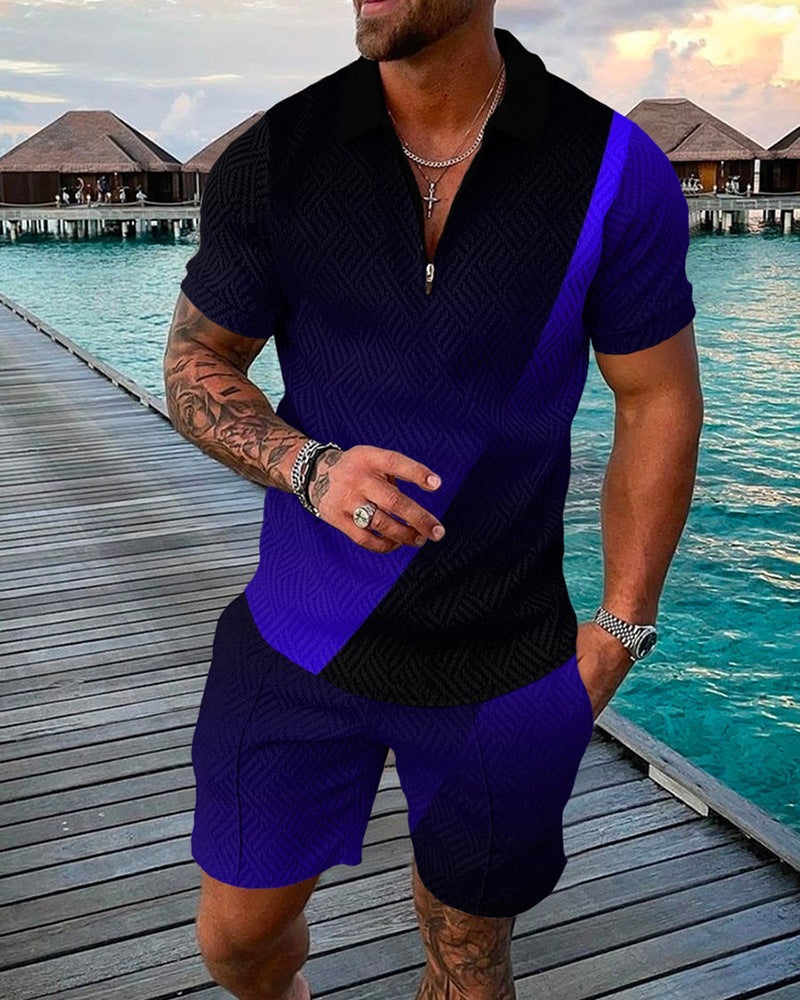 2023 New Men's Fashion Casual Suit Zipper Short Sleeve Polo Shirt Shorts 2 Piece Set