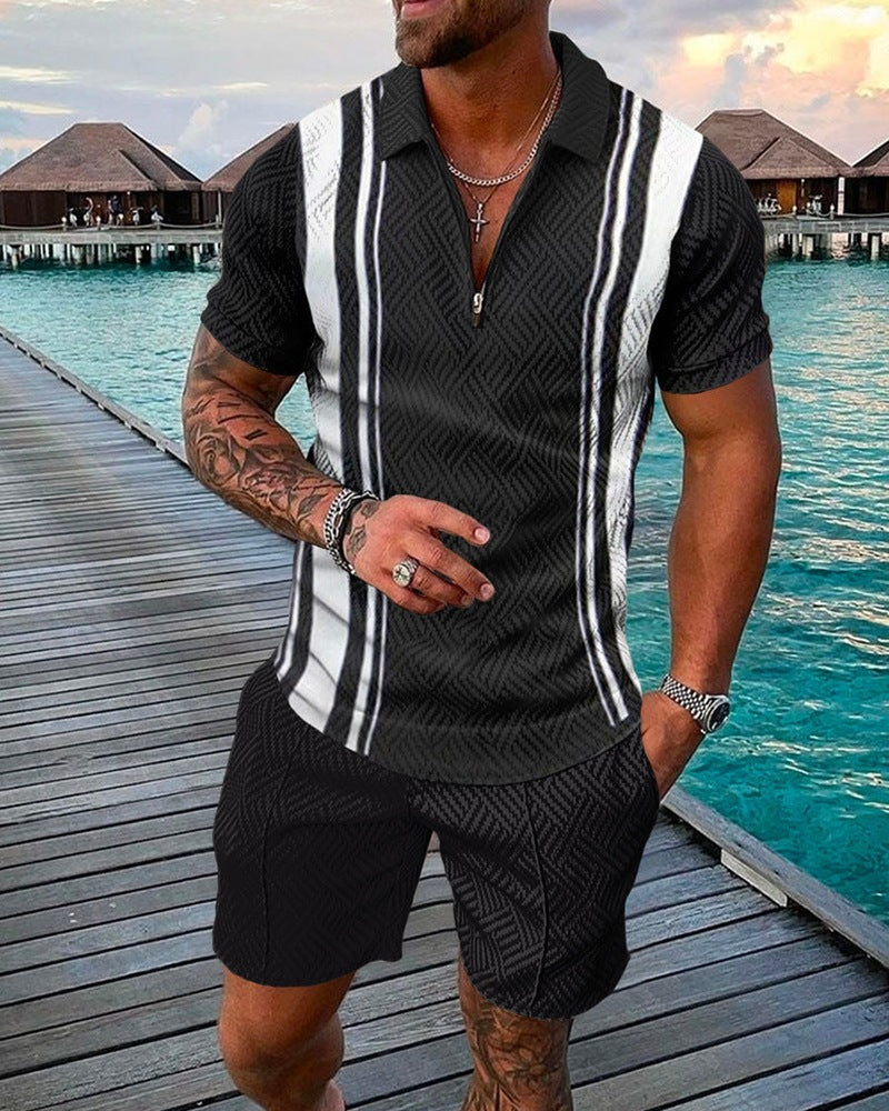 2023 New Men's Fashion Casual Suit Zipper Short Sleeve Polo Shirt Shorts 2 Piece Set