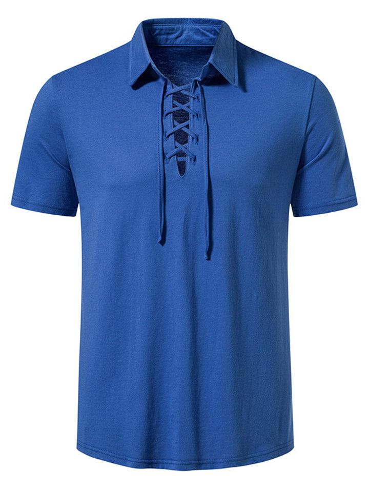 Men's Henley Neck Lace Up Casual Beach Short Sleeve T-Shirt Casual Athletic Top