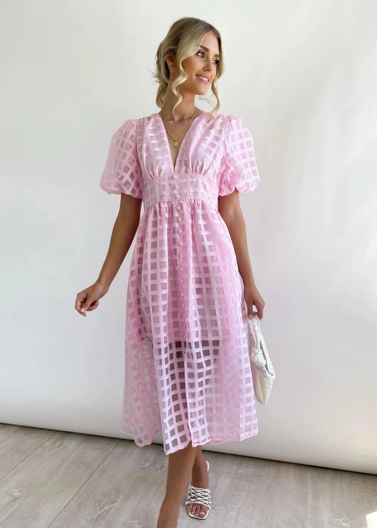 🔥 Square Patterned Fabric Puff Sleeve Midi Dress