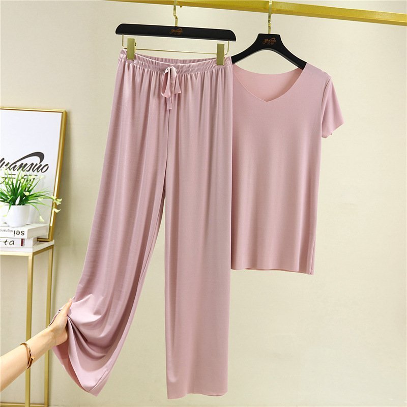 Soft Comfortable Ice Silk Short Sleeve T-Shirt Two Piece Set Loose Wide-leg Pants