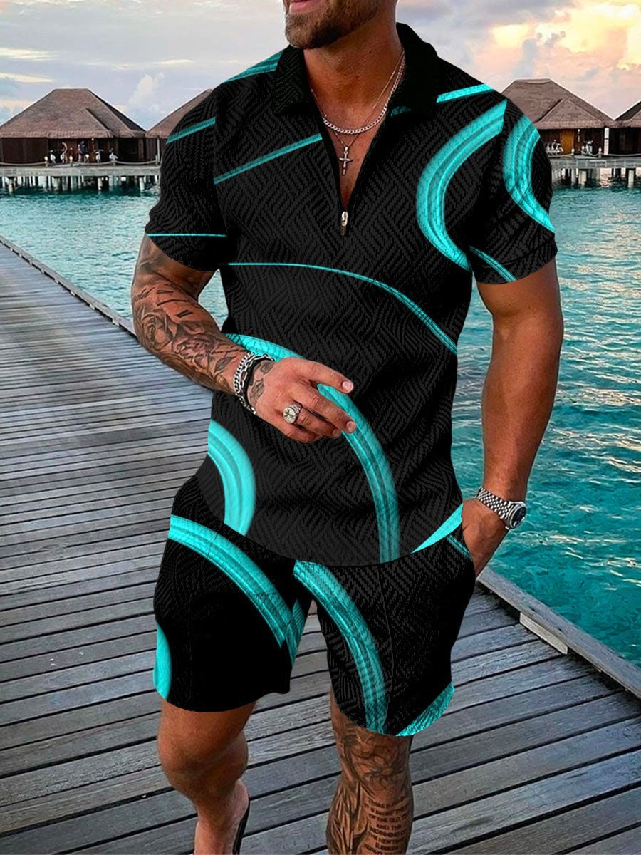 2023 New Men's Fashion Casual Suit Zipper Short Sleeve Polo Shirt Shorts 2 Piece Set