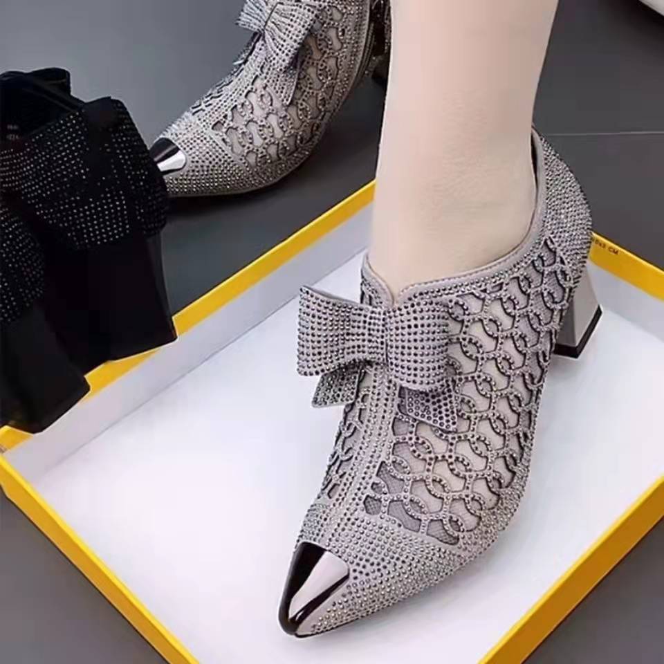 2023 summer new rhinestone chunky heel pointed toe sandals