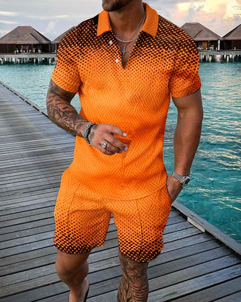 2023 New Men's Fashion Casual Suit Zipper Short Sleeve Polo Shirt Shorts 2 Piece Set