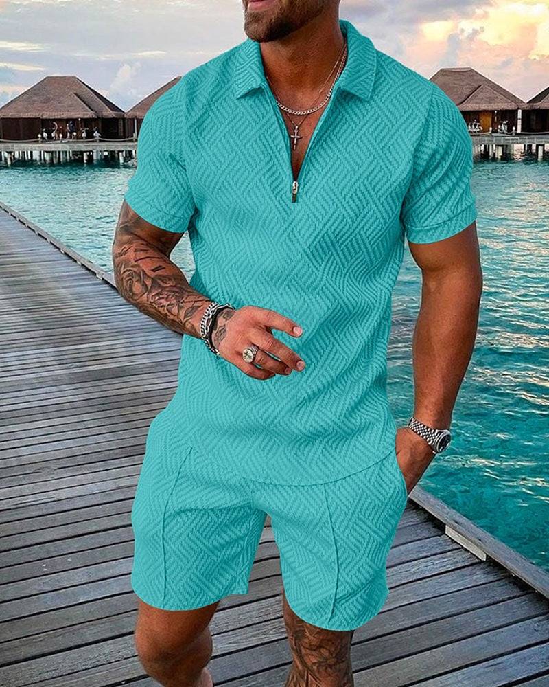 2023 New Men's Fashion Casual Suit Zipper Short Sleeve Polo Shirt Shorts 2 Piece Set