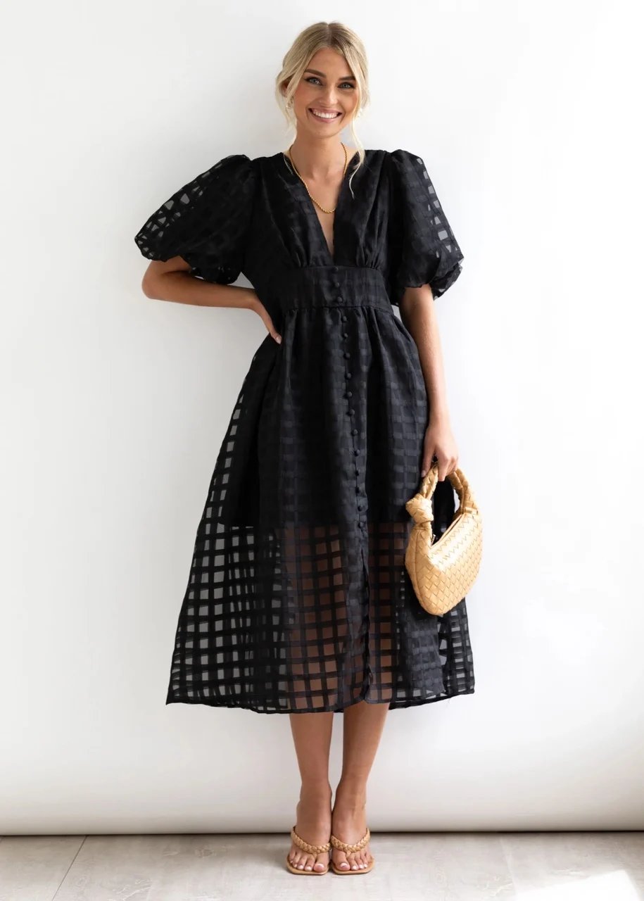 🔥 Square Patterned Fabric Puff Sleeve Midi Dress