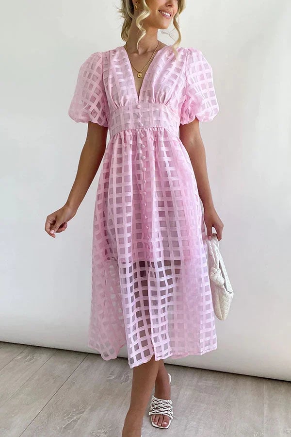 🔥 Square Patterned Fabric Puff Sleeve Midi Dress