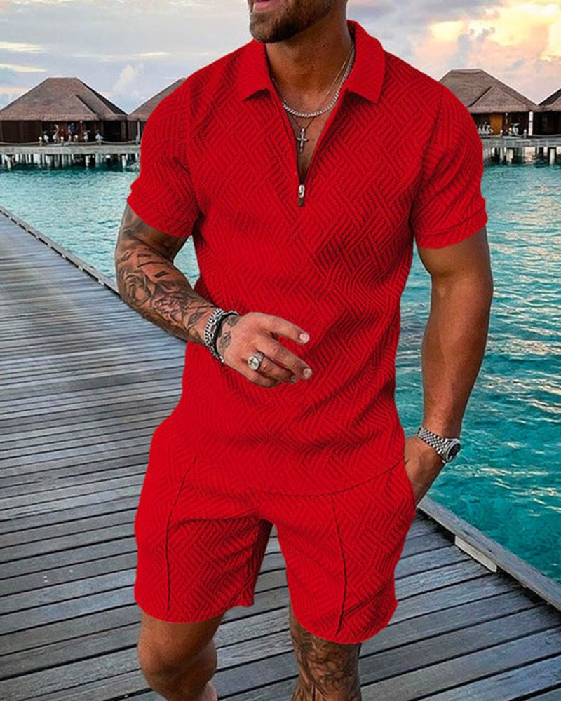 2023 New Men's Fashion Casual Suit Zipper Short Sleeve Polo Shirt Shorts 2 Piece Set