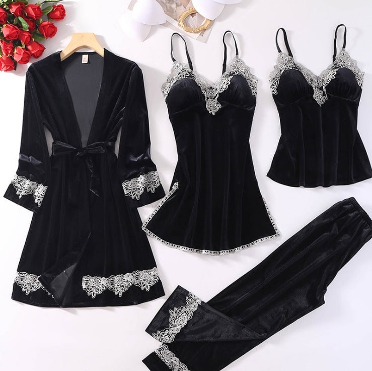 Women Sexy Velvet Pajamas Sets 4 pcs